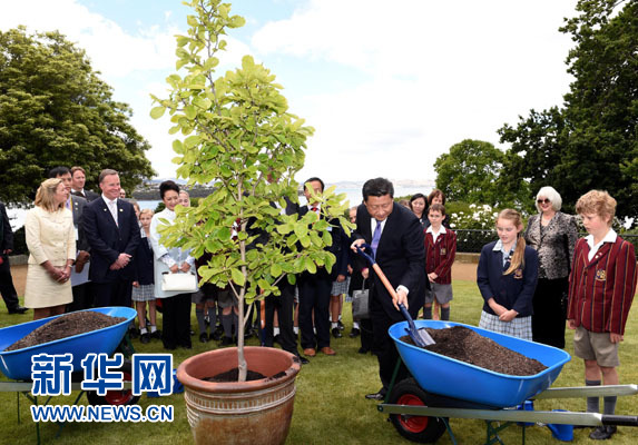 11月18日，國家主席習近平在澳大利亞塔斯馬尼亞州與朗塞斯頓市斯科奇－歐克伯恩小學的小學生共同植樹。新華社記者 饒愛民 攝