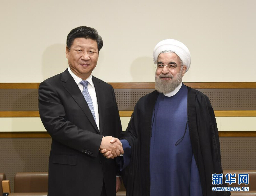 9月28日，國(guó)家主席習(xí)近平在紐約會(huì)見(jiàn)伊朗總統(tǒng)魯哈尼。 新華社記者李學(xué)仁 攝