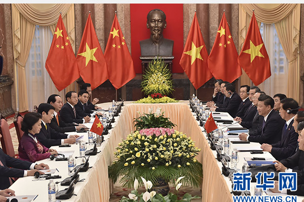 11月6日，中共中央總書記、國家主席習近平在河內同越南國家主席張晉創舉行會談。 新華社記者李濤攝