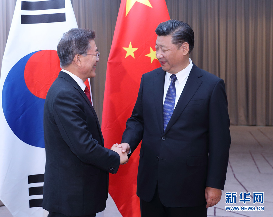 7月6日，國家主席習近平在柏林會見韓國總統(tǒng)文在寅。 新華社記者 王曄攝